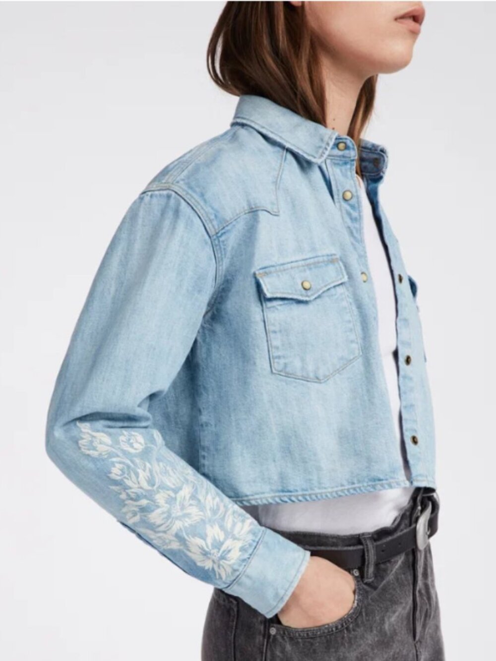AllSaints Flora Cannon Denim Shirt Jacket Embroidered Cropped Blue Size Small